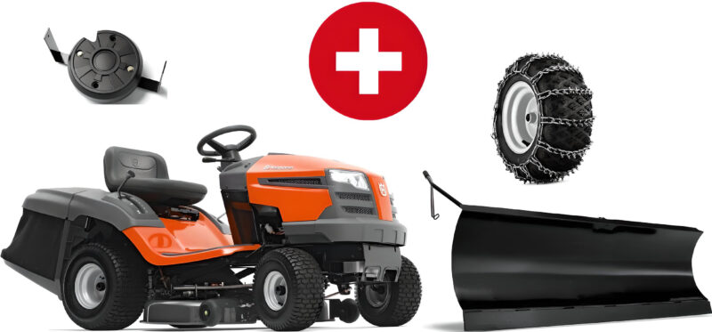 Husqvarna TC 138L Winterpaket mit Schneeschild, Gummileiste, Gewicht und Schneeketten – Modell 2024